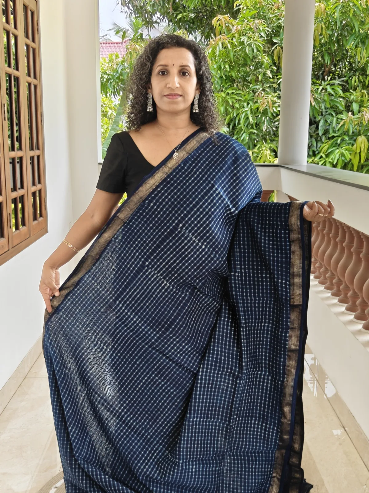 Maheswari Silk Saree Indigo Blue and White Checks with Gold Zari Border